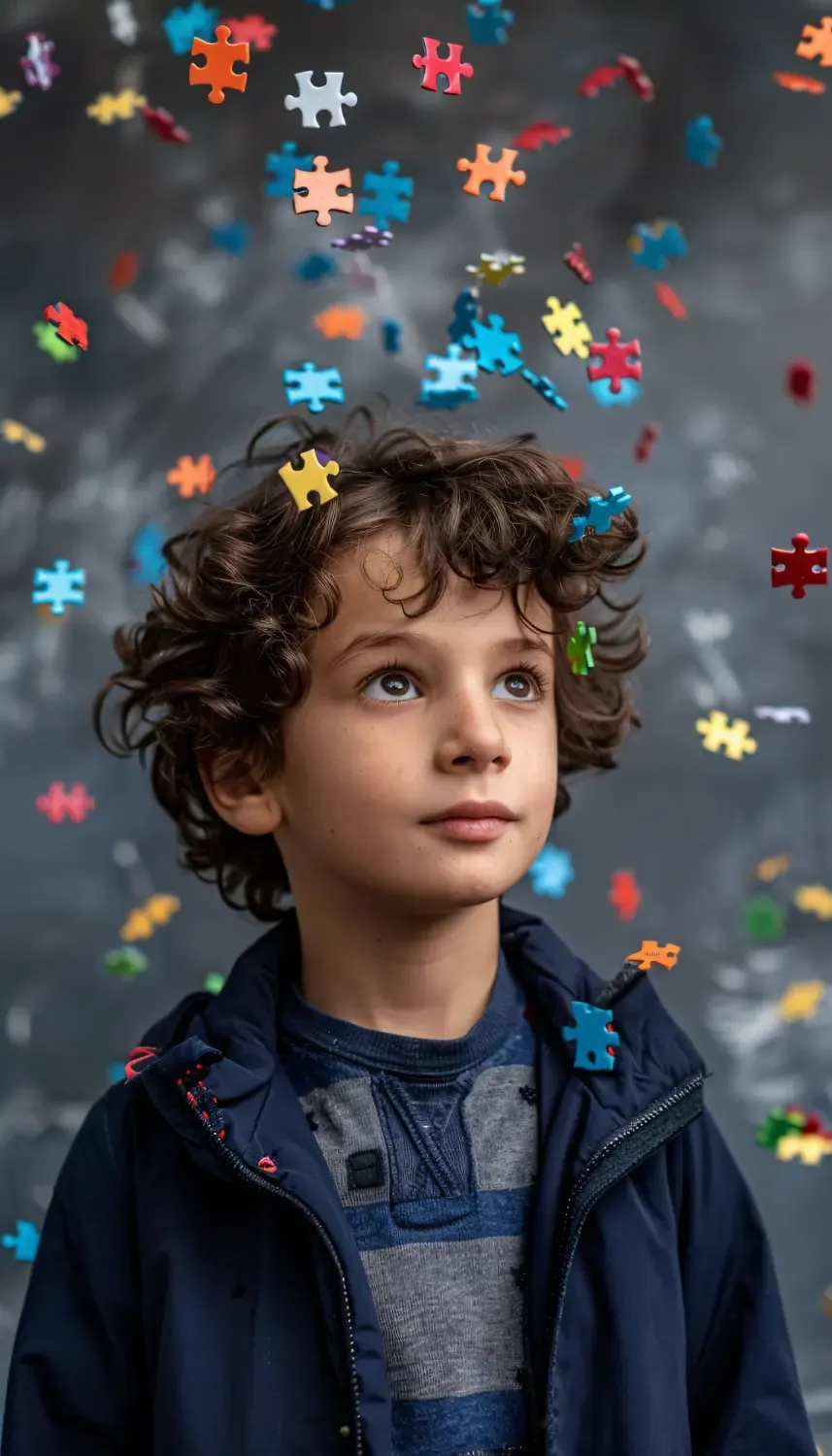 Junge blickt staunend nach oben, um ihn schweben bunte Puzzleteile
